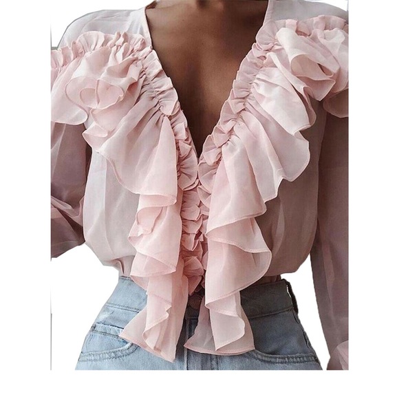 Pink chiffon V-neck ruffle blouse - Picture 2 of 2